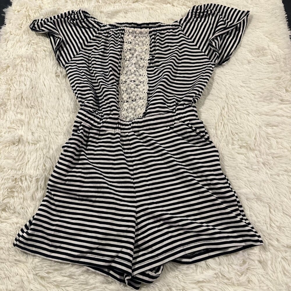 kidpik girls striped crochet romper XL 14 back peep trendy